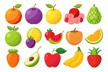 Colorful Assortment of Cartoon Fruit Illustration Featuring Orange Plum Apple Banana Strawberry Watermelon Pineapple Avocado and Other Tropical and Temperate Fruits on a White Background