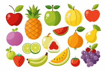 Colorful Assortment of Cartoon Fruits Illustration Including Apples Pineapple Watermelon Grapes Banana and More Isolated on White Background Perfect for Healthy Eating or Nutrition Concepts
