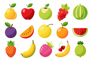 Collection of Colorful Cartoon Fruits Isolated on White Background Including Apples Bananas Watermelon Pineapple Orange Grapes Pear Plum and Other Tropical and Temperate Fruits