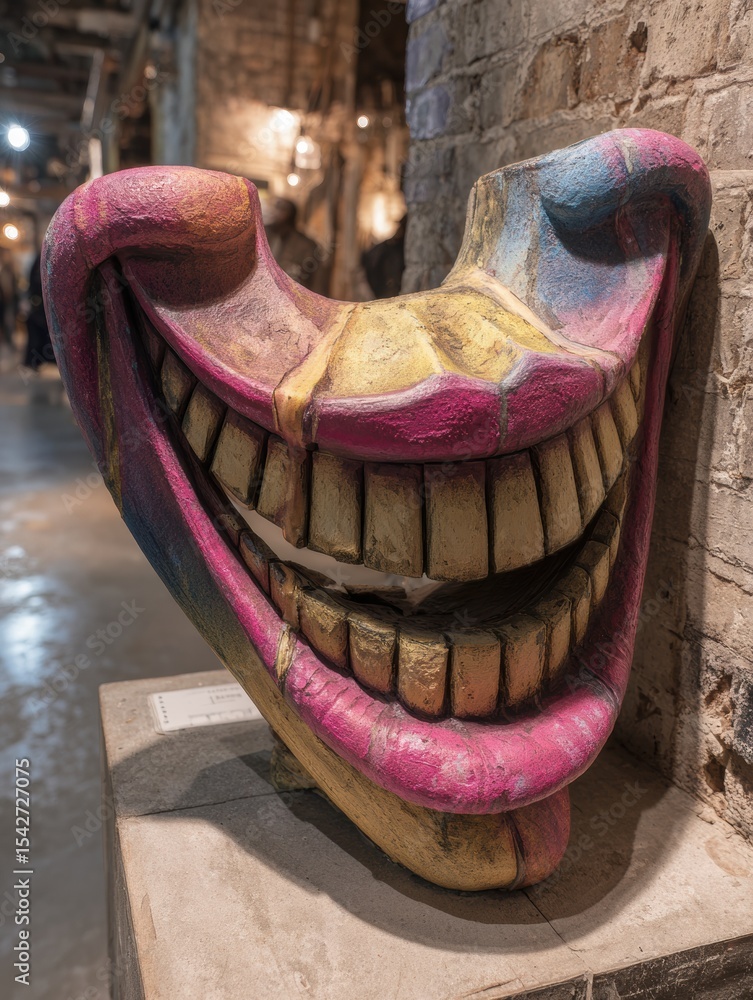 Poster distorted smile sculpture with melting elements displayed in a modern gallery setting
