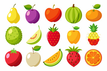 Colorful Cartoon Fruit Collection on White Background Featuring Pear Plum Apple Watermelon Orange Soursop Melon Strawberry Pineapple Tomato and Citrus Slice for Healthy Eating Concepts