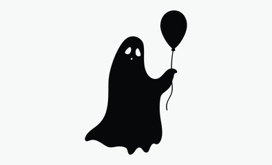 Halloween ghost balloon, spooky ghost character, simple vector art, black and white silhouette, festive illustration
