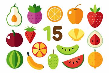 Fifteen Fruits Flat Vector Illustration Featuring Avocado Mangosteen Orange Apricot Strawberry Cherry Lemon Pineapple Melon Durian Banana Sugar Apple Watermelon and Other Tropical Fruits