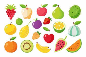 Colorful Cartoon Fruit Assortment Featuring Apples Berries Citrus and Exotic Varieties Perfect for Children s Illustrations Educational Materials and Healthy Eating Concepts on a White