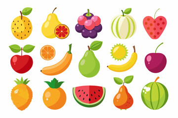 Colorful Assortment of Cartoon Fruits on White Background Featuring Pineapple Pear Orange Watermelon Banana Grapes Strawberry Cherry and Melon for Healthy Eating Concepts