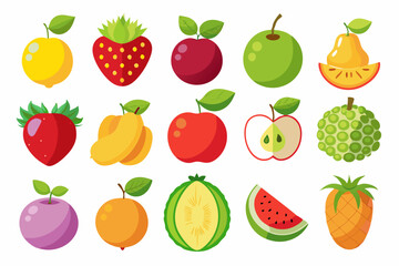 A Vibrant and Colorful Collection of Cartoon Fruit Icons Perfect for Educational Materials Children s Books or Food Related Designs Featuring Apples Strawberries and Tropical