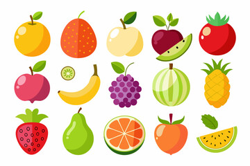 Collection of colorful cartoon fruits including apples oranges bananas grapes watermelon pineapple strawberry pear grapefruit peach and yellow watermelon slice on a white background