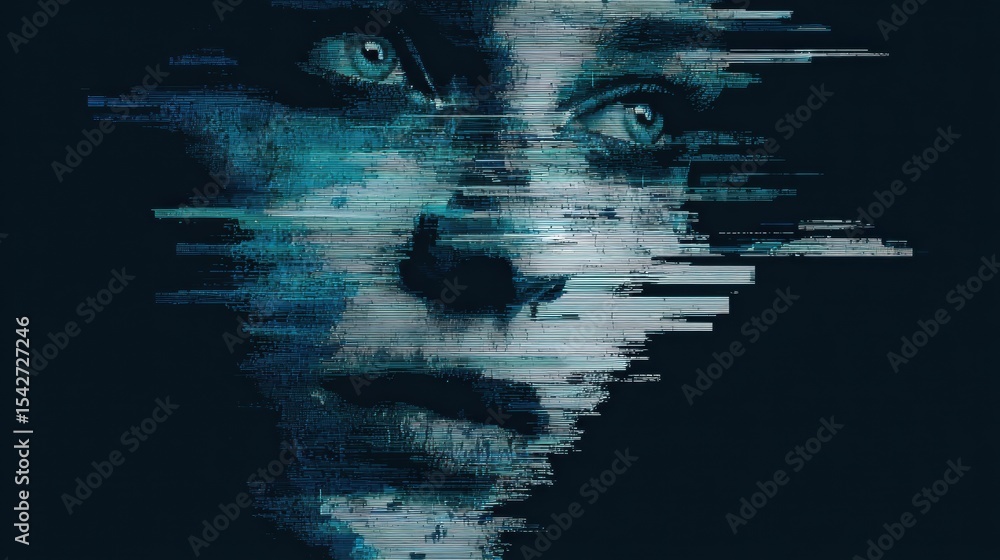 Poster Glitch Effect on Face Outline Conveying Emotional Confusion in a Dark and Abstract Setting During a Twilight Hour