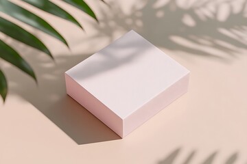 Elegant pink square box mockup with tropical leaf shadows
