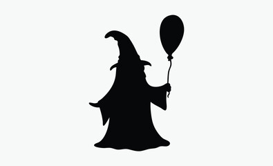 Halloween ghost balloon, spooky ghost character, simple vector art, black and white silhouette, festive illustration
