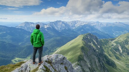 Fototapeta premium Man hiking mountain top scenic view