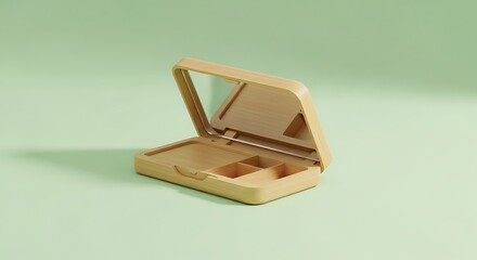 Wooden Makeup Box with Mirror Open on Green Background