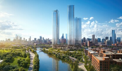 Fototapeta premium Cityscape with modern high-rise buildings, a canal, and parkland
