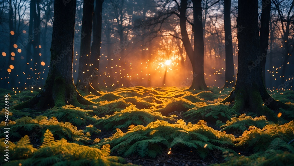 Poster sunlight streaming through forest with ferns and glowing particles