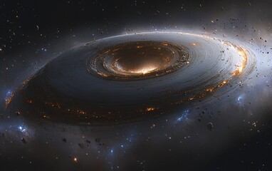 A cosmic depiction of a swirling galaxy with a central, luminous core and surrounding debris.