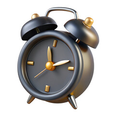 3d realistic black and gold alarm clock isolated on transparent background