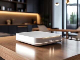 A compact booster with glowing white antennas in a luxury apartment