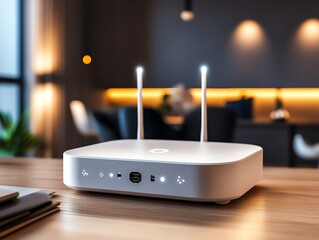 A compact booster with glowing white antennas in a luxury apartment