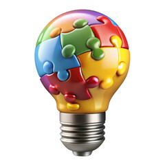 3d puzzle light bulb colorful jigsaw pieces isolated on transparent background