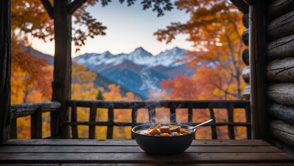 Hot Stew on Cabin Deck Overlooking Autumn Landscape and Mountains