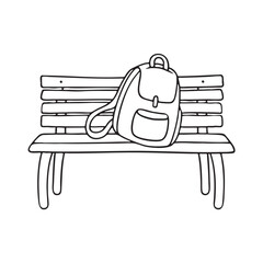 A backpack slumping sideways on a wooden bench