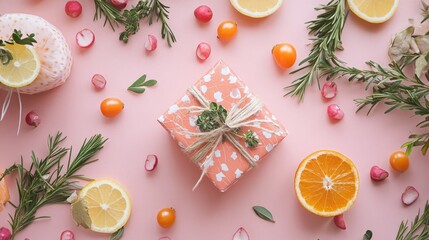 Bright Pink Holiday Composition with Fruits, Twigs, and Gifts