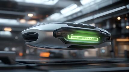 A futuristic booster hovering slightly above a black platform, glowing green
