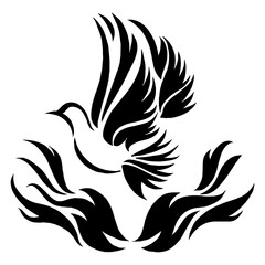 A symbolic Christian logo featuring a cross, a dove, and an open Bible. The dove rises like a flame from the scriptures, representing the Holy Spirit and the light of God’s word. This minimalist black