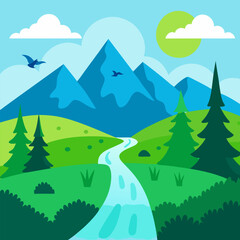 Fototapeta premium Inspired by nature with mountains, a flowing river, and lush greenery vector landscape background.
