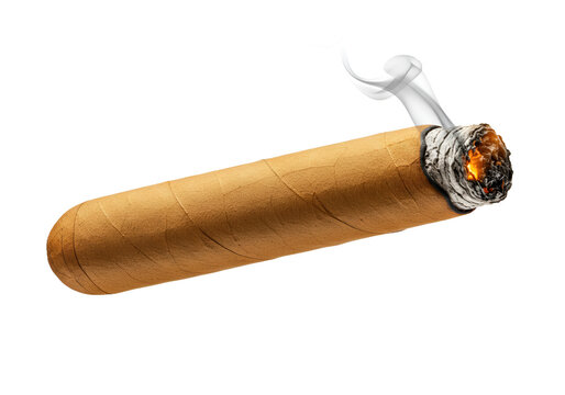 Premium Hand-Rolled Cigar with Burning Ember and Smoke Plume