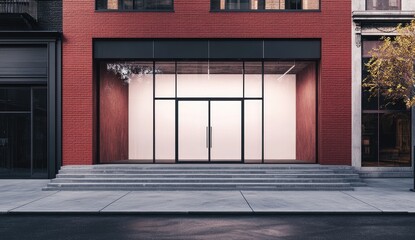 Empty storefront on city street, red brick facade, large glass windows, and gray steps