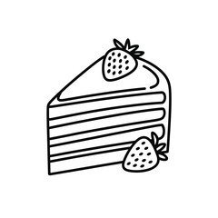 Slice of Layered Cake with Strawberries Black and White Line Art