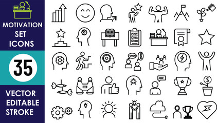 35 motivation-themed vector icons in editable stroke style, featuring trophies, targets, medals, books, stars, brains, people celebrating, gears, graphs, and lightbulbs