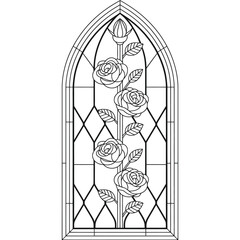 Rose Vine Stained Glass Window Line Art Vector Illustration