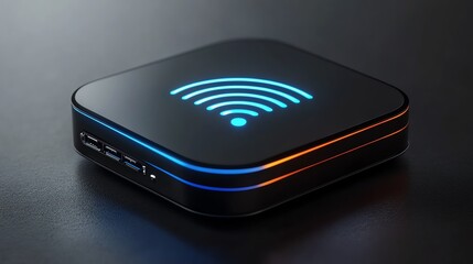 A futuristic WiFi booster with a levitating antenna glowing softly