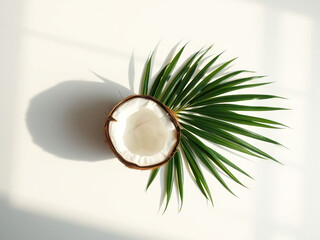 Halved coconut with green palm leaf on white background, creating tropical and minimalistic aesthetic