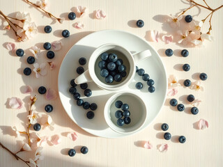Fresh blueberries in white ceramic cups on plate, surrounded by cherry blossom petals and branches on light wooden surface