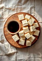 Soft tofu cubes on wooden plate with soy sauce in small bowl, placed on textured white fabric background