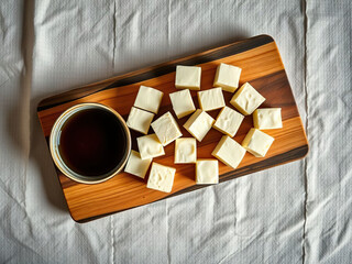 Creamy white chocolate cubes on wooden serving board with cup of dark coffee, creating cozy and indulgent treat