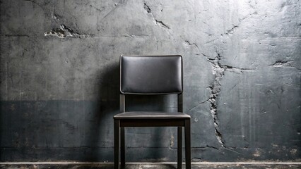 Black leather chair in front of a grunge black wall with copy space.