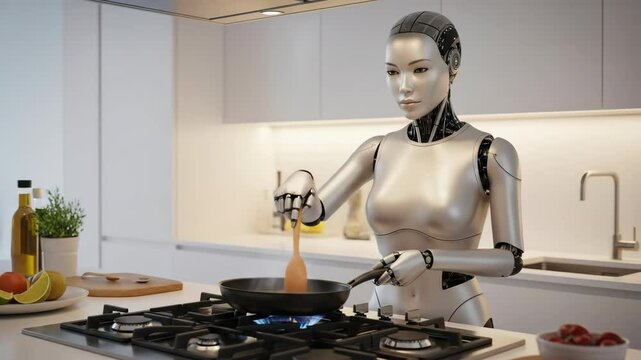 Female Robot Stirs Pan on Stove in Modern Kitchen. Smart cooking in a clean kitchen environment.
