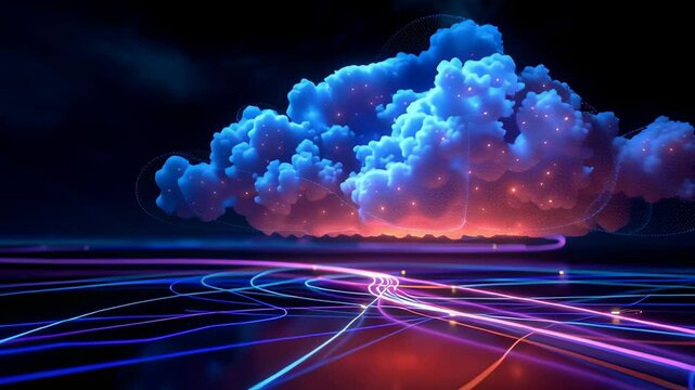 Glowing neon cloud computing concept with digital data streaming and network lines dark futuristic environment neon glowing