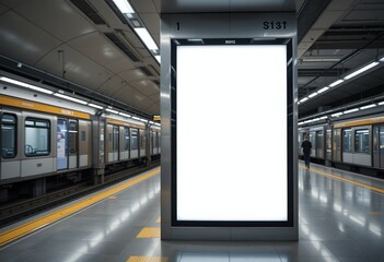 Empty White Vertical advertising display billboard in modern MRT station, Blank mockup for ads, marketing campaign. Empty digital white screen for advertisement. Indoor OOH template/Banner, 8k
