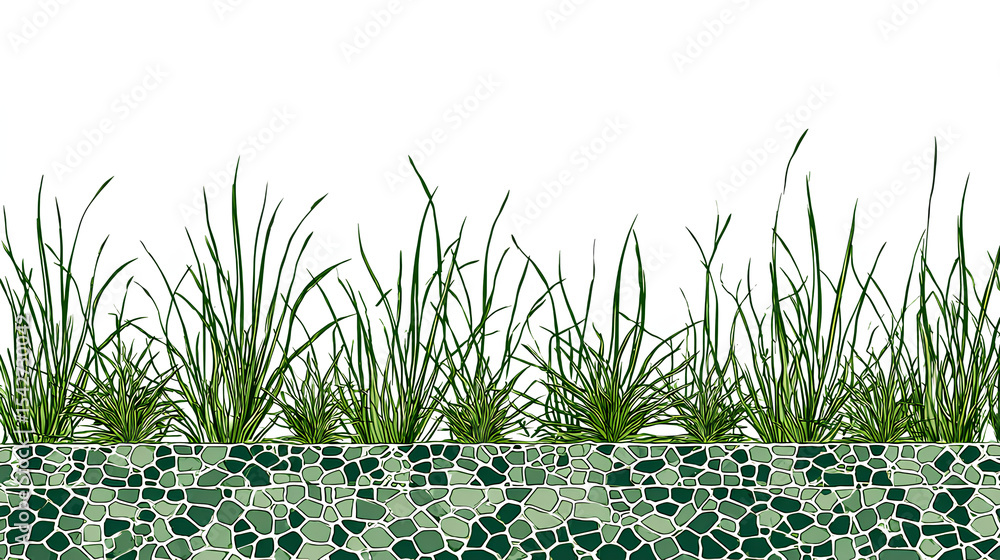 Poster grass on ground vector, broken tiles mosaic pattern. texture interior background line art. set of gr