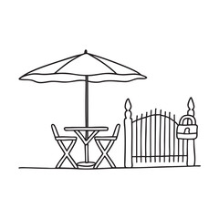 Naklejka premium A folded umbrella table leaning by a locked patio gate