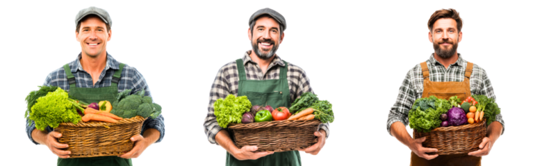 Collection of male farmers holding baskets filled with fresh vegetables isolated on a white or transparent background