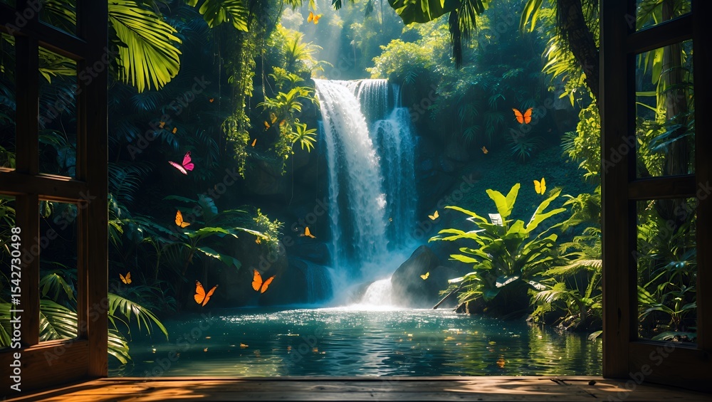 Poster waterfall flows into a serene jungle pool seen from an open window