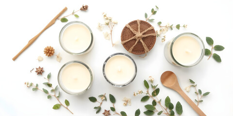 Set of homemade natural soy candles on white background. DIY candle making. Top view. Copy space.