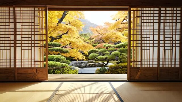 Serene Japanese garden view from a traditional tatami room with autumn foliage outside