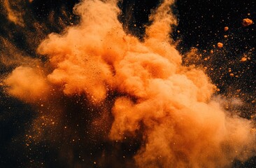 Orange powder explosion against black background